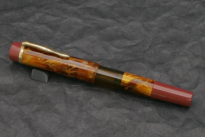 Orville - Large - Corrl Creations, Amber Tortoise and Dark Red resins - clip - piston - #6 nib