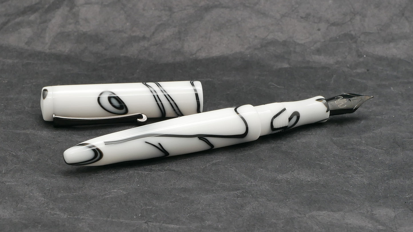 Preston fountain pen - slim  - White with Black whirl acrylic - clip - Jowo #6 nib